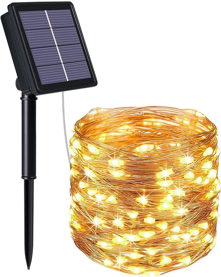 Striscia LED luce calda in filo di rame 10m 100 led con pannello solare WB328 