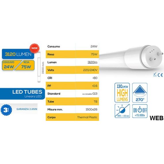 25 Pezzi - Tubo LED T8 24W 150cm - Luce fredda 5273-25 
