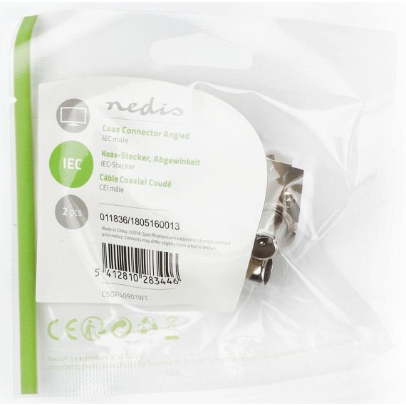 Connettore IEC (coassiale) angolato maschio 75Ohm ingresso cavo 7mm 2 pz ND201 Nedis