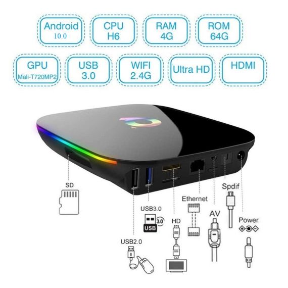 TV Box Android 10.0 Q PLUS 4gb RAM 64gb ROM con telecomando FO-Y7 WB112 