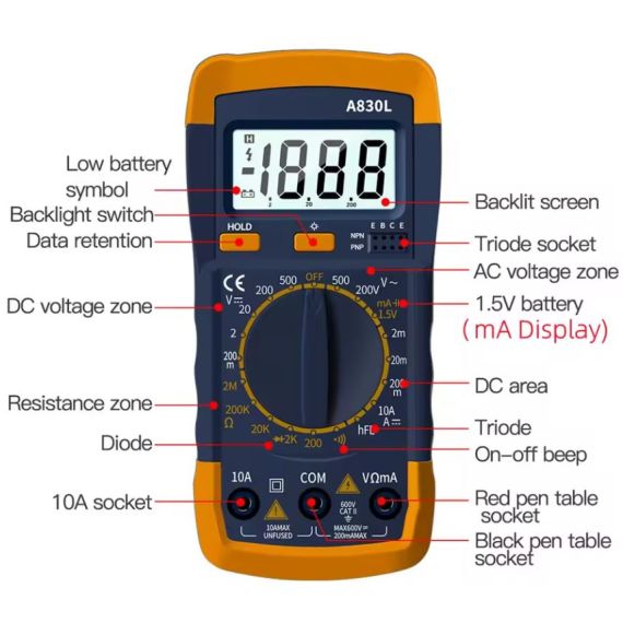 Multimetro digitale portatile A830L con display LCD E9345 