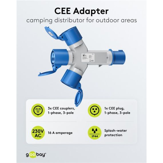 Adattatore CEE blu da campeggio con spina 16A e 3 prese CEE 230V IP44 F1084 Goobay